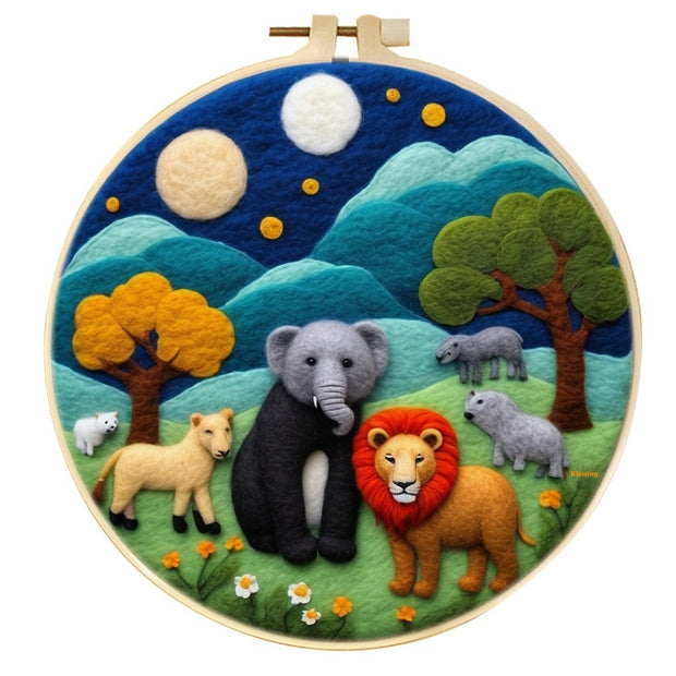 Wool felt painting of animals in a night landscape