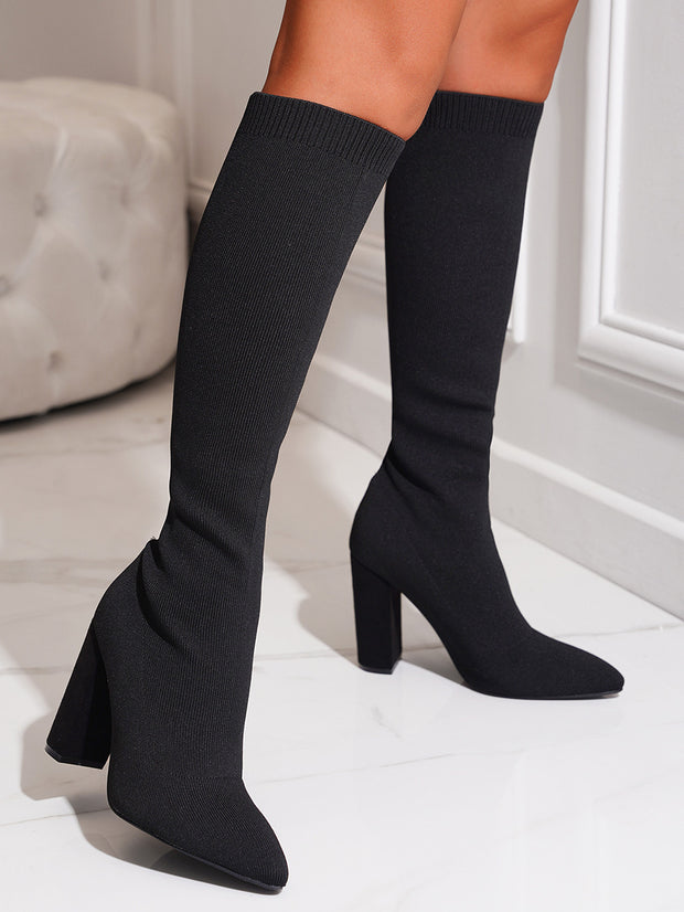 Black knee high sock boots with block heels