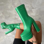 Green super high chunky heel short boots