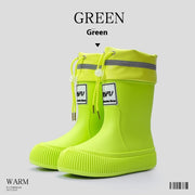 Green platform rain boots with drawstring top