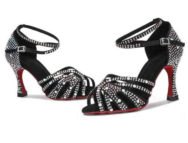 Black rhinestone Latin dance shoes with red sole