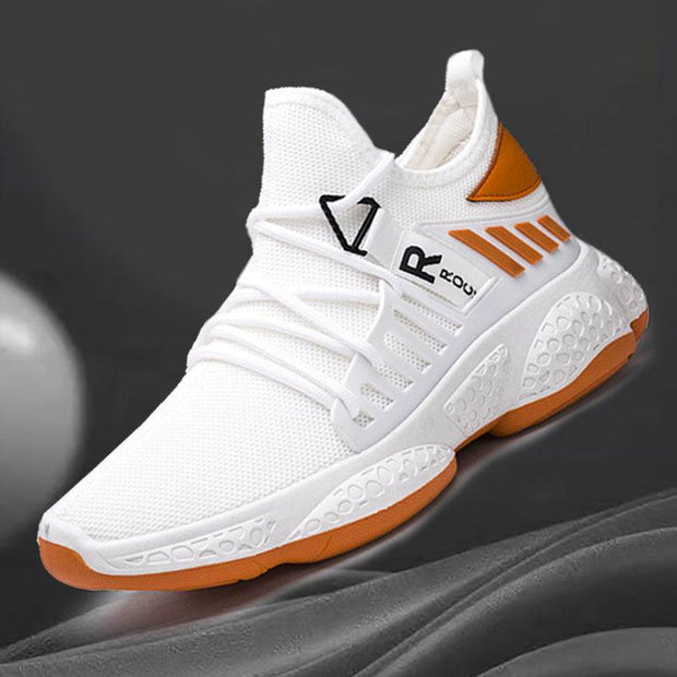 White breathable mesh sports shoe with orange accents.