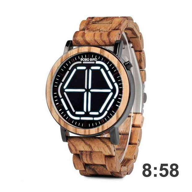 Wooden watch with white LED display at 8:58