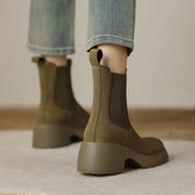 Back view of olive suede Chelsea boots