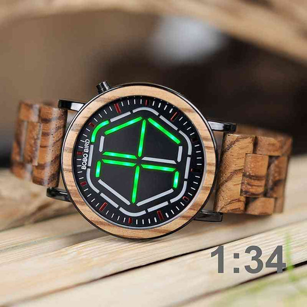 Wooden watch with green LED display on bamboo