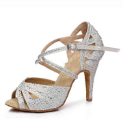 Silver sparkling Latin dance shoes with rhinestones