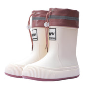 White platform rain boots with pink accents