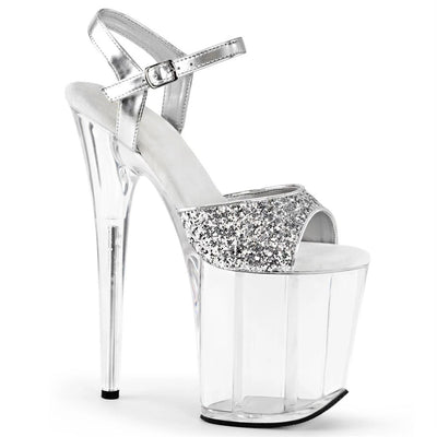 Silver sequin pole dance shoes with clear platform