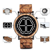 Wooden watch features: LED, crown, wooden band