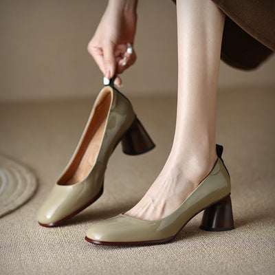 Khaki round toe leather shoes with block heel