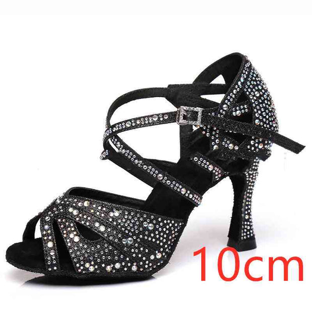 Black Latin dance shoes with rhinestones, 10cm heel