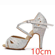 Silver Latin dance shoes with rhinestones, 10cm heel