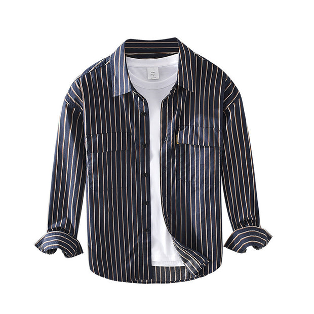 Plus Size Loose Striped Square Neck Cotton Shirt