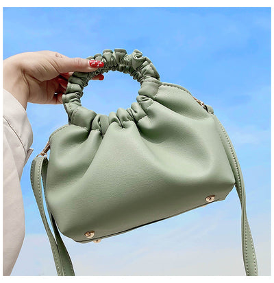 Green PU bucket shoulder handbag with ruched handle