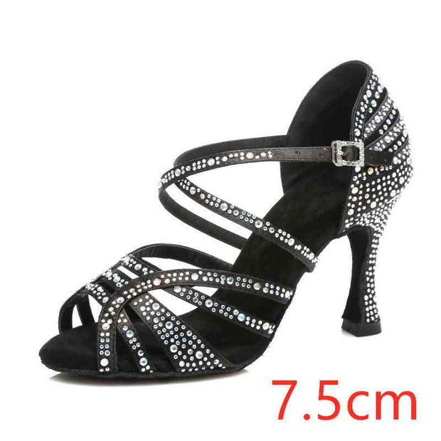 Black Latin dance shoes with rhinestones, 7.5cm heel