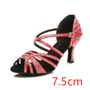 Red Latin dance shoes with rhinestones, 7.5cm heel