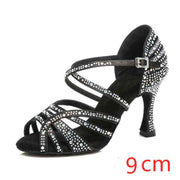 Black Latin dance shoes with rhinestones, 9cm heel