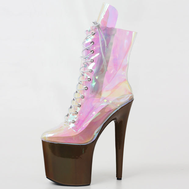 Iridescent boots with dark brown platform