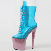 Blue transparent boots with pink glitter heel