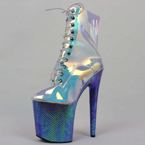 Shiny holographic boots with blue textured heel