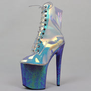 Holographic boots with blue textured heel