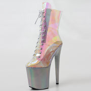 Iridescent boots with silver platform heel