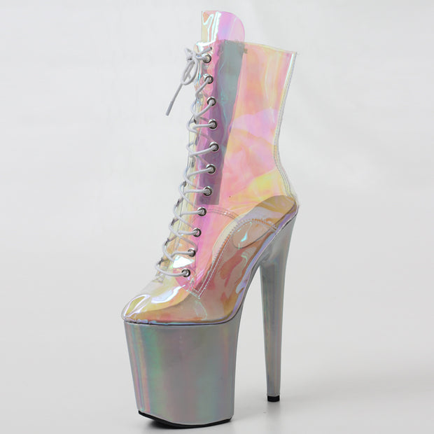 Iridescent boots with silver platform heel