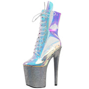 Holographic boots with silver textured platform