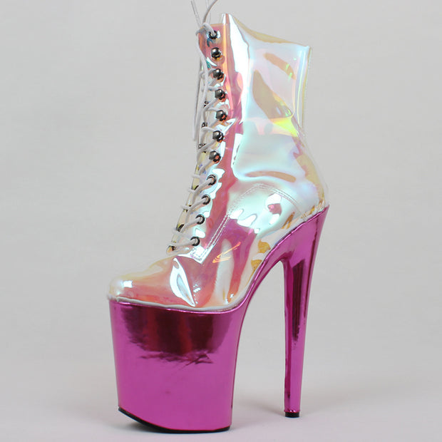 Shiny boots with pink metallic platform