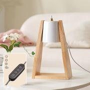 Wood melting candle night light with a white lamp shade and remote control, featuring dimmable settings for a cozy ambiance.