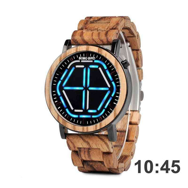 Wooden watch with blue LED display at 10:45