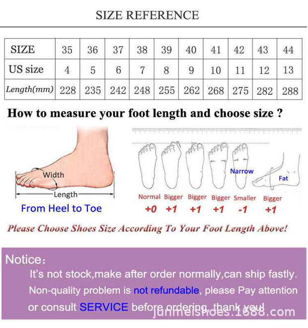 Size chart for pole dance high heels with foot measurement guide