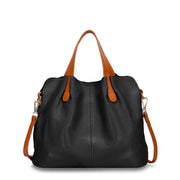 Black soft leather tote bag with brown handles