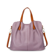 Purple soft leather tote bag with brown handles