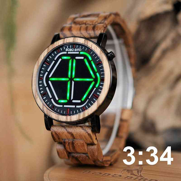 Night vision wooden watch with green LED display