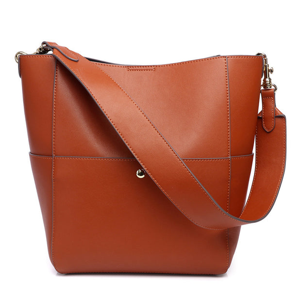 Back view of brown leather bucket shoulder bag