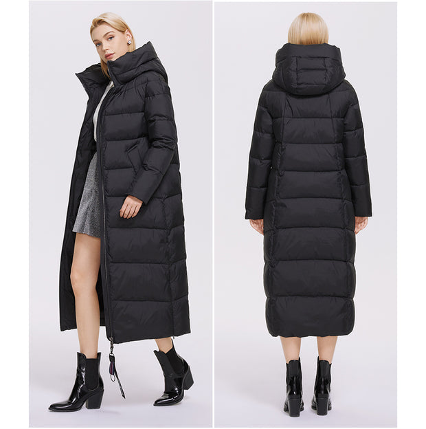 Side and back view of long black puffer jacket