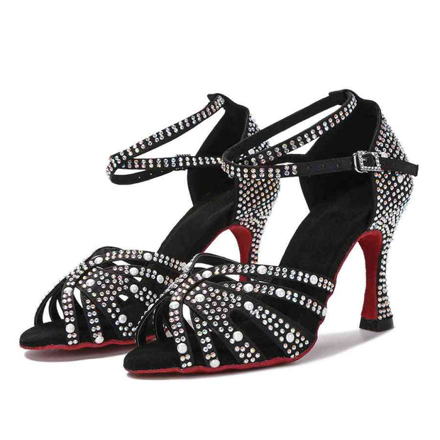 Black rhinestone Latin dance shoes pair