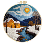 Winter landscape wool felt painting with house and river