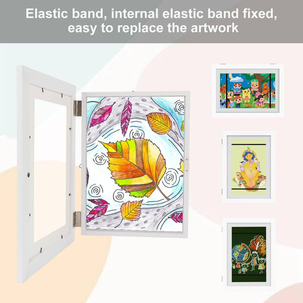 Elastic band wooden frame for easy artwork replacement.