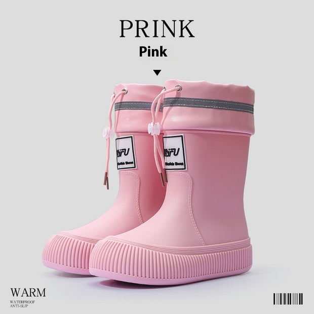 Pink platform rain boots with drawstring top