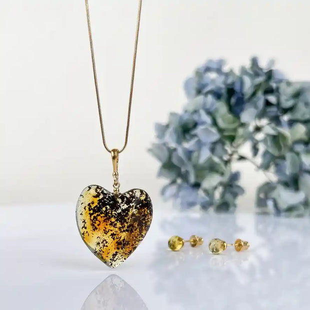 Polished Amber Jewelry Set, Gold Plated Silver 925 Loving Heart