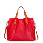 Red soft leather tote bag with brown handles