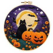 Halloween wool felt painting with cat and pumpkins