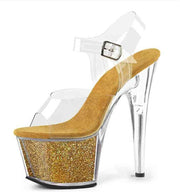 Clear platform pole dance shoe with gold glitter base