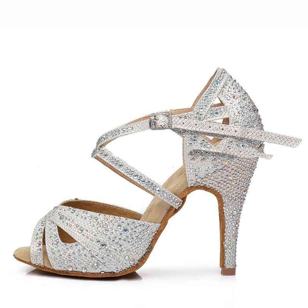 Silver sparkling Latin dance shoes with rhinestones