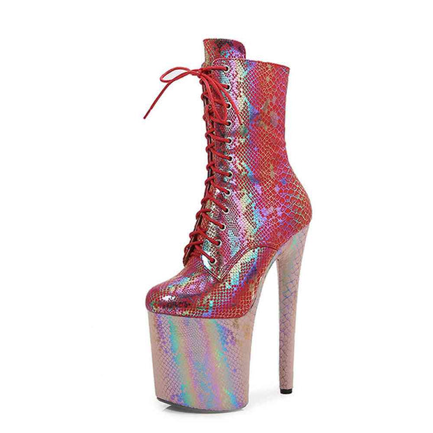 Iridescent snake pattern high heels boots