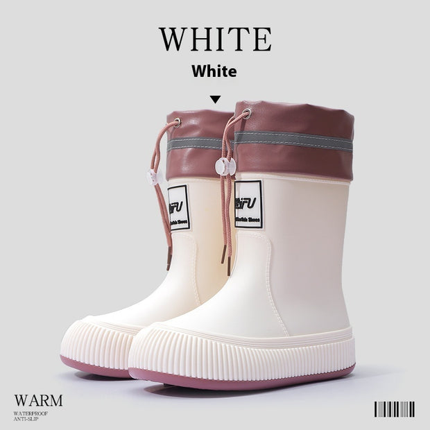 White platform rain boots with drawstring top