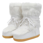 Furry white winter boots with tan soles