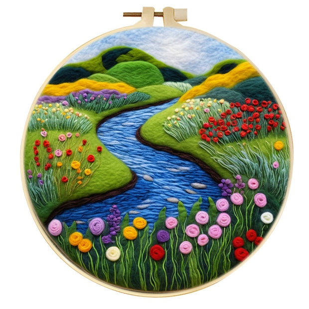 River and flower field wool felt painting